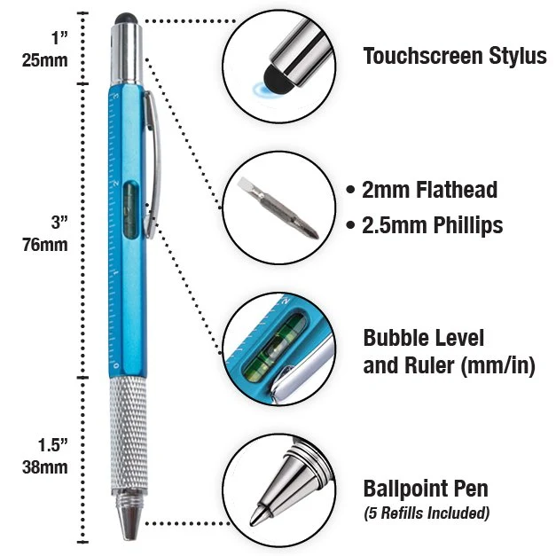 6 in 1 Multifunction Tool Pen with 5 Refills - 3 Pack Black | Blue | Silver - Image 3
