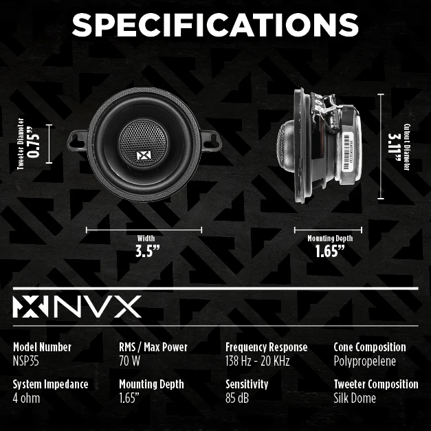 NSP35 200W Peak (70W RMS) 3.5" N-Series 2-Way Coaxial Car Speakers with 20mm Silk Dome Tweeters - Image 3