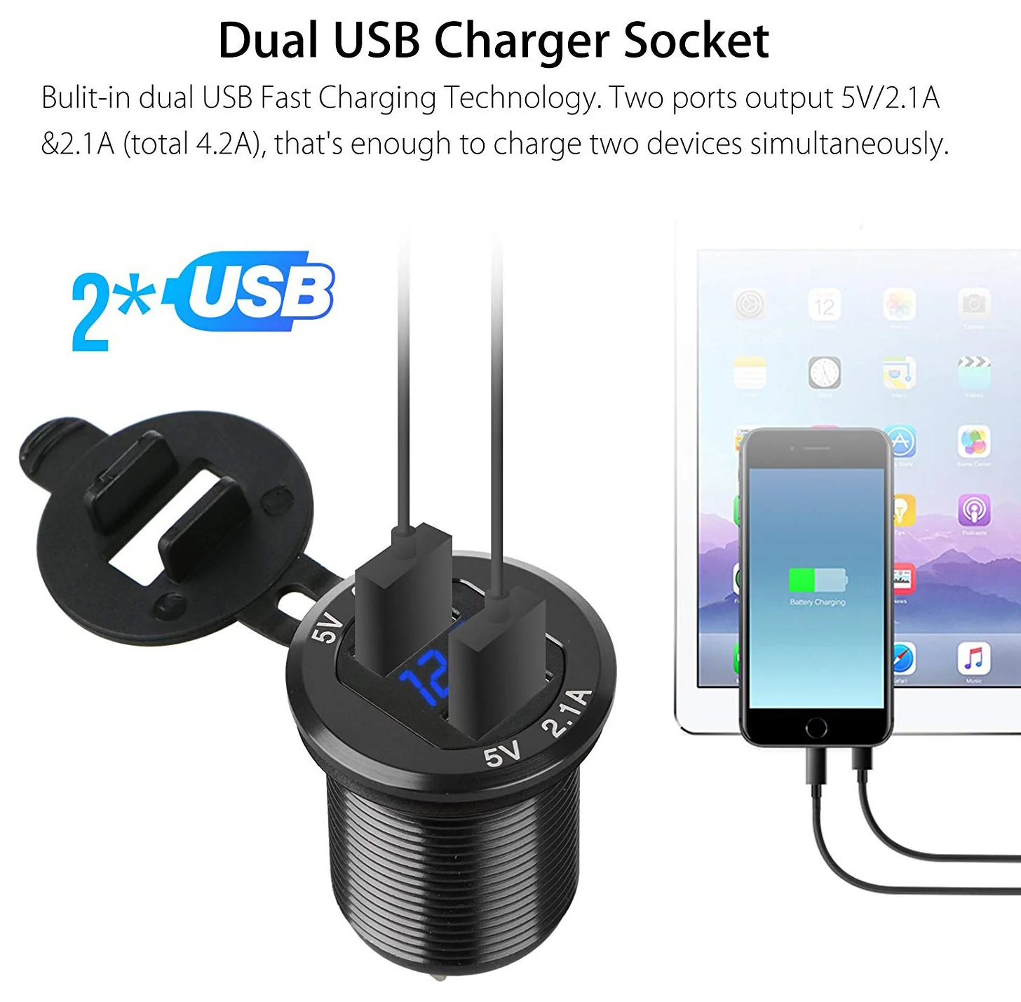 XQC302 Dual USB Quick Charge 3.0 Car Charger with LED Digital Voltmeter - Image 4