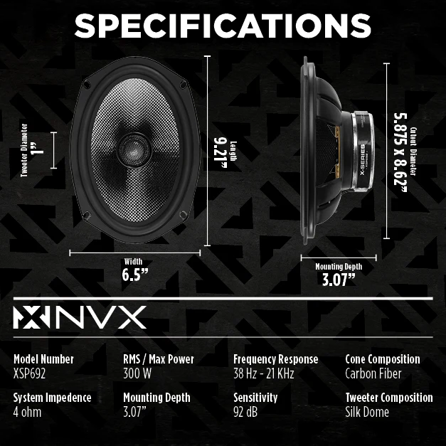XSP692 900W Peak (300W) RMS X-Series 6"x9" 2-Way Coaxial Speakers with Carbon Fiber Cones and 25mm Silk Dome Tweeters - Image 6